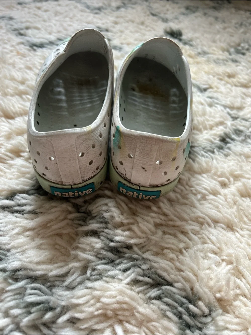 Native Kids Water Shoes in White with Mint Green and Yellow Accents